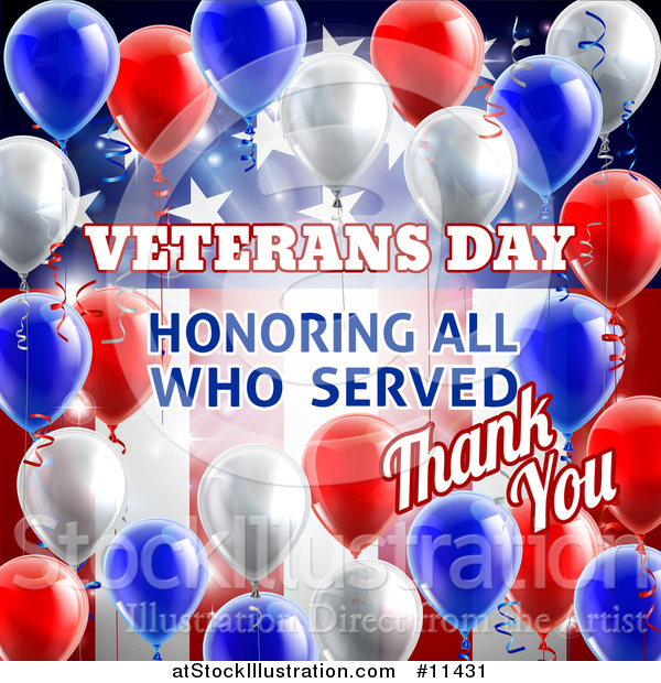 Vector Illustration of a 3d Border of Patriotic Balloons over an American Themed Background with Veterans Day Honoring All Who Served Thank You Text