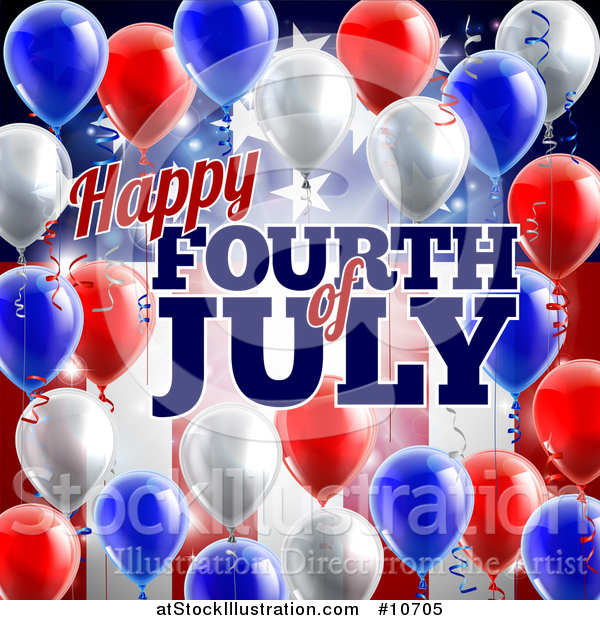 Vector Illustration of a 3d Border of Red White and Blue Party Balloons and Streamers over a Patriotic American Themed Flag and Happy Fourth of July Text