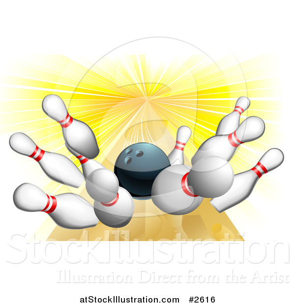 Vector Illustration of a 3d Bowling Ball Smashing into Pins in a Lane