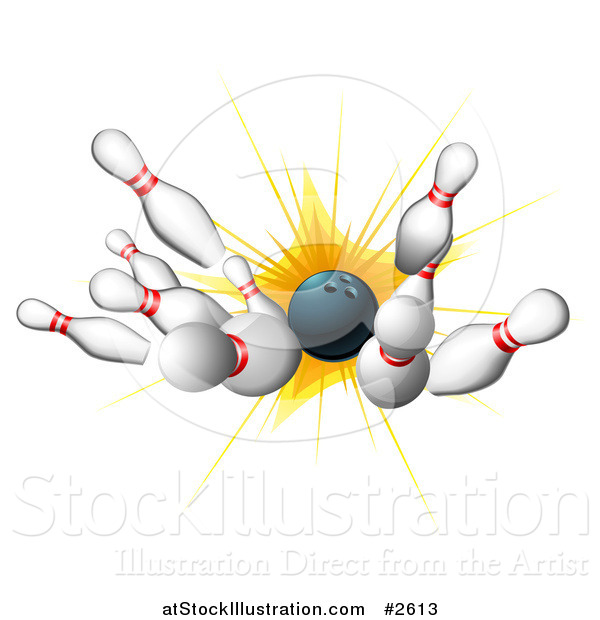 Vector Illustration of a 3d Bowling Ball Smashing into Pins with an Orange Burst