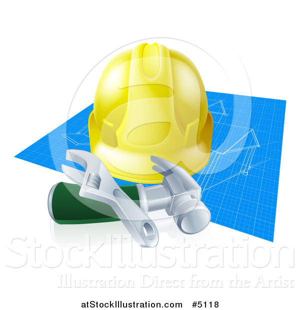 Vector Illustration of a 3d Builder Hardhat and Tools over Blueprints