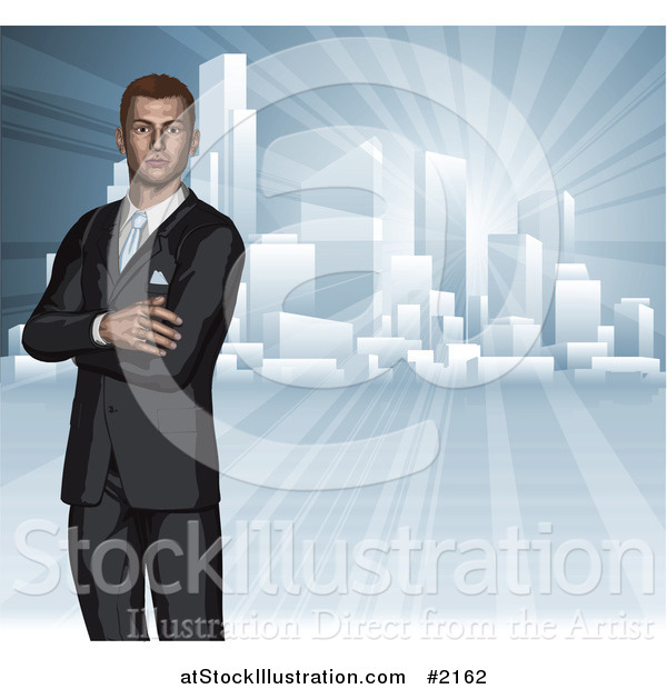Vector Illustration of a 3d Businessman and City Skyline