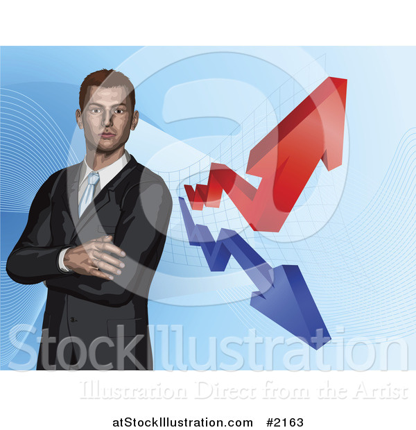 Vector Illustration of a 3d Businessman and Financial Arrows