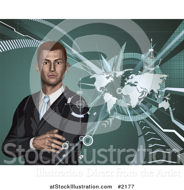 Vector Illustration of a 3d Businessman and World Map