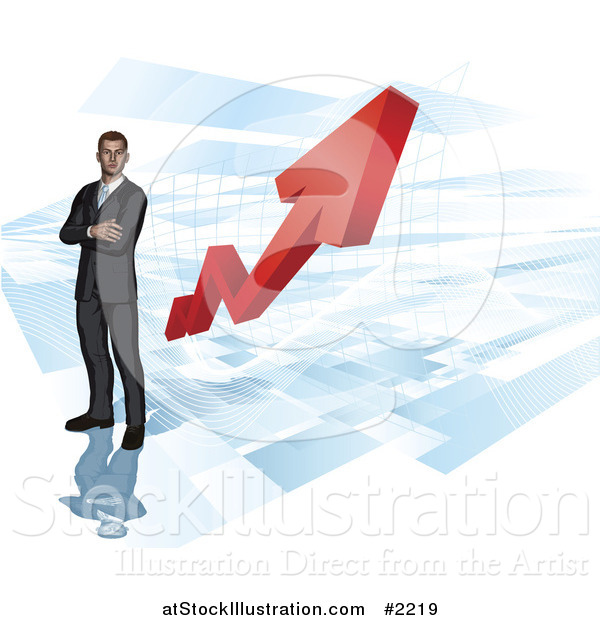 Vector Illustration of a 3d Businessman over a Red Arrow Chart