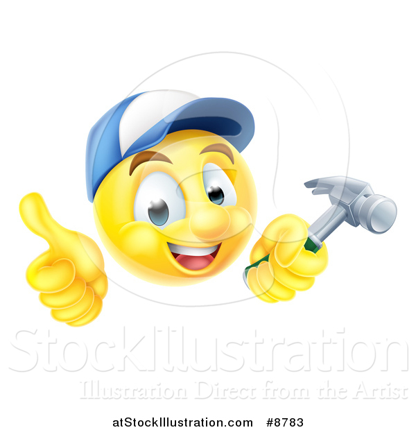 Vector Illustration of a 3d Carpenter Yellow Smiley Emoji Emoticon Face Giving a Thumb up and Holding a Hammer