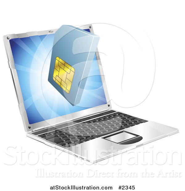 Vector Illustration of a 3d Cell Phone SIM Card Emerging from a Laptop