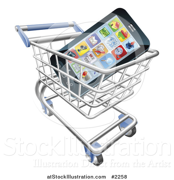 Vector Illustration of a 3d Cell Phone with Apps in a Shopping Cart