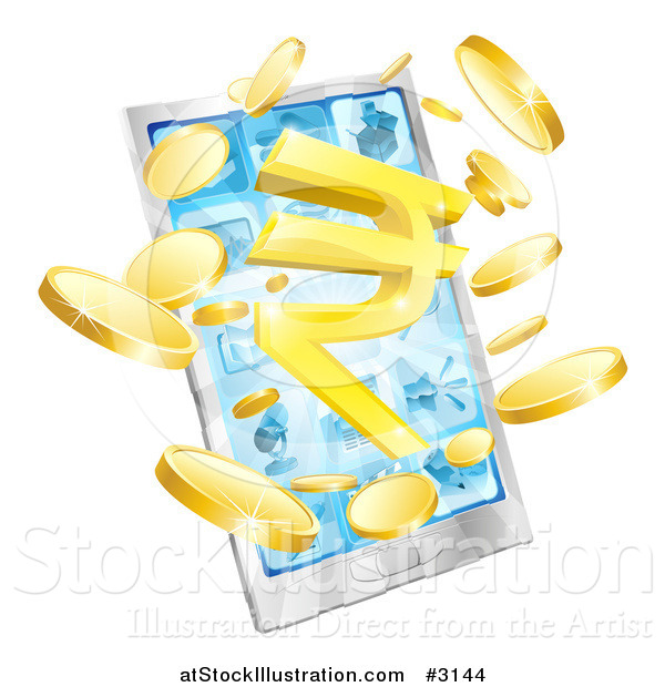 Vector Illustration of a 3d Cell Phone with Coins and a Rupee Symbol Bursting from the Screen