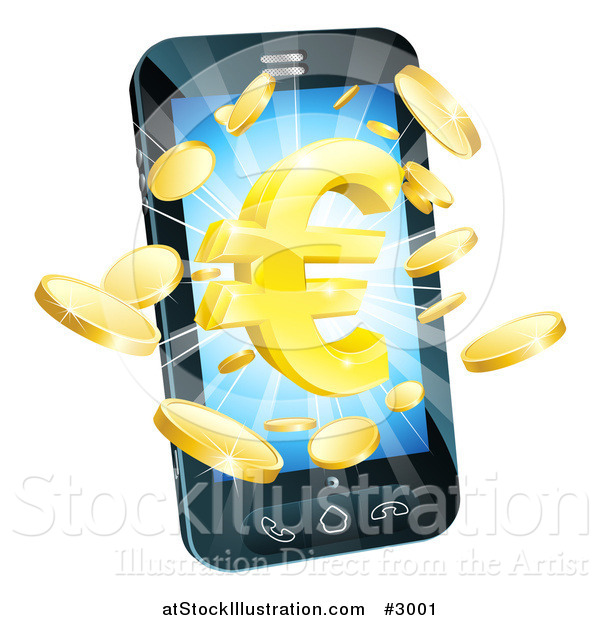 Vector Illustration of a 3d Cell Phone with Gold Coins and a Euro Symbol Bursting from the Screen