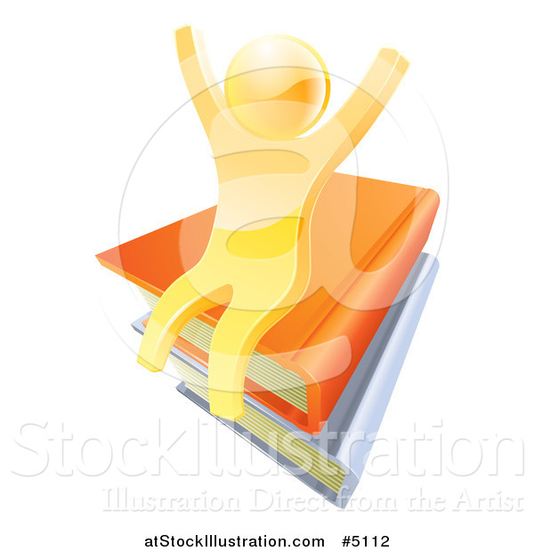 Vector Illustration of a 3d Cheering Gold Man Sitting on a Stack of Books