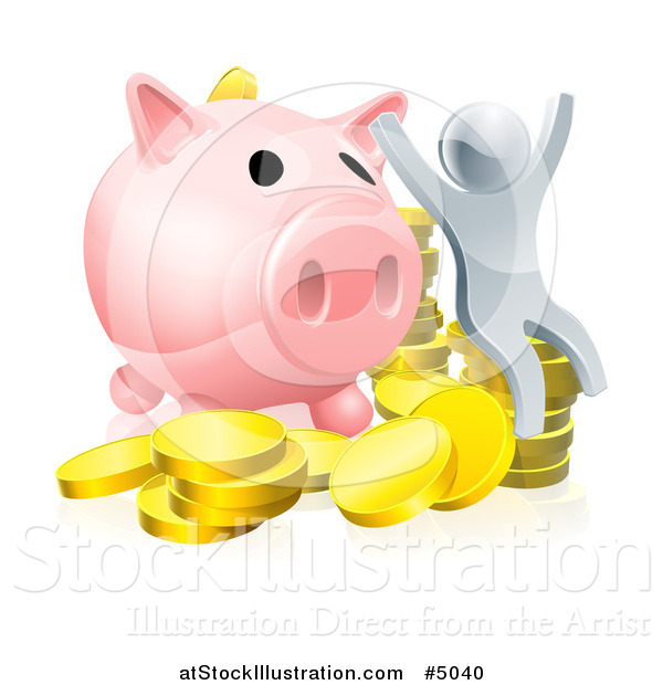 Vector Illustration of a 3d Cheering Silver Man with Coins and a Giant Piggy Bank