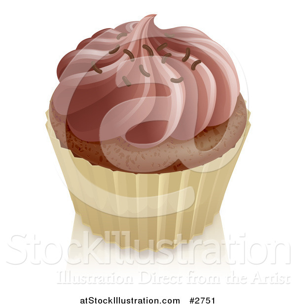 Vector Illustration of a 3d Chocolate Cupcake with Frosting Sprinkles and a White Wrapper