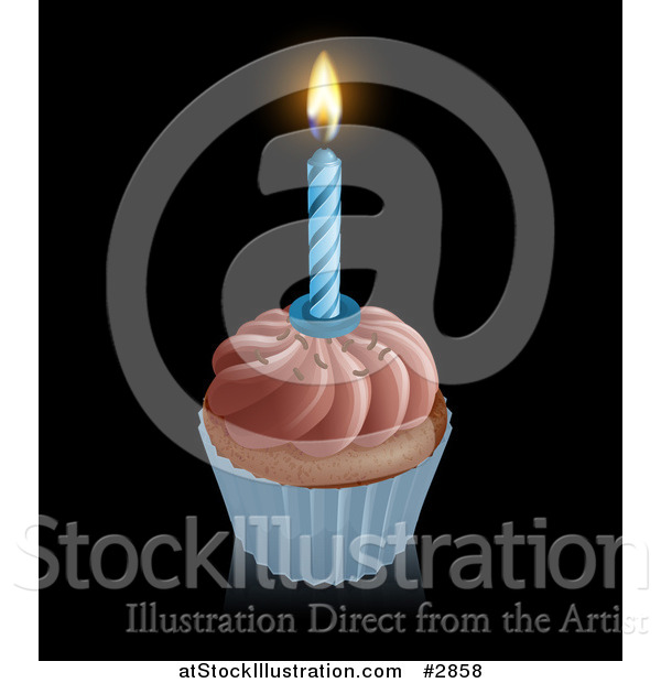 Vector Illustration of a 3d Chocolate Frosted Birthday Cupcake with a Lit Candle