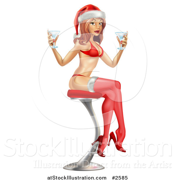 Vector Illustration of a 3d Christmas Pinup Woman Seated with Drinks on a Stool