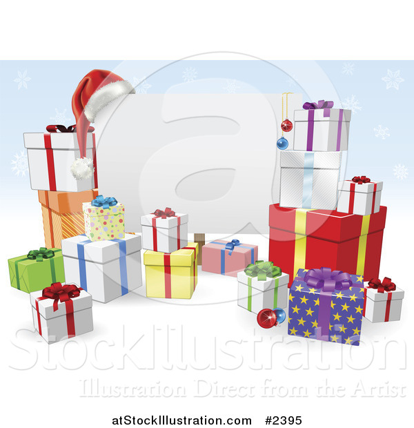 Vector Illustration of a 3d Christmas Sign with Gift Boxes over Blue Snowflakes