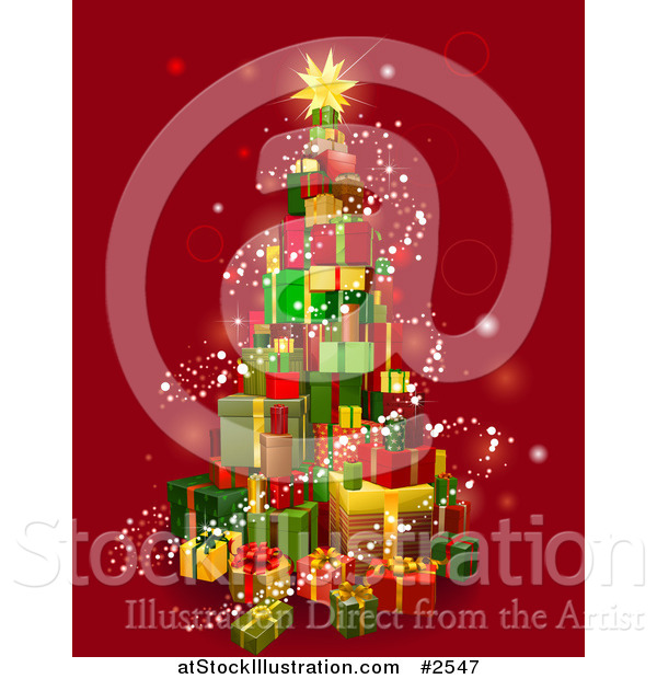 Vector Illustration of a 3d Christmas Tree Gift Tower with Magical Lights over Red