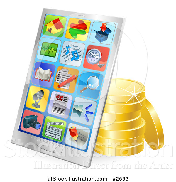 Vector Illustration of a 3d Chrome Smart Phone with Gold Coins