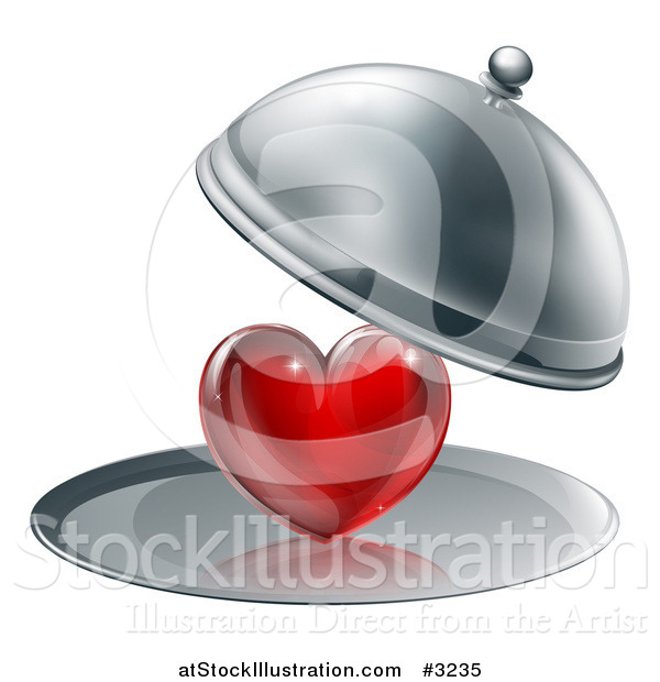 Vector Illustration of a 3d Cloche Revealing a Shiny Red Heart on a Platter