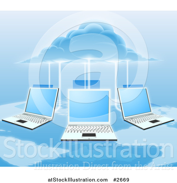 Vector Illustration of a 3d Cloud Electrifying a Network of Laptop Computers over a Map