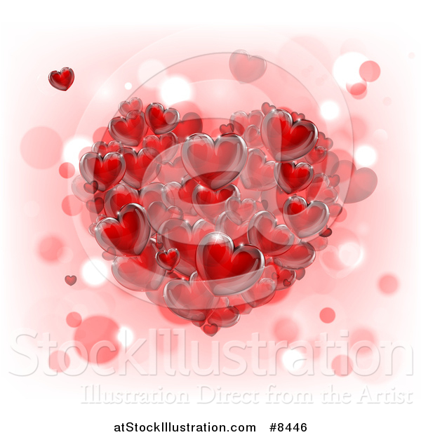 Vector Illustration of a 3d Cluster of Red Hearts over Pink, White and Bokeh