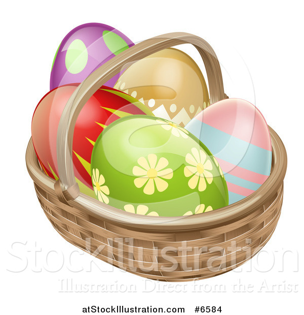 Vector Illustration of a 3d Colorful Patterned Easter Eggs in a Basket