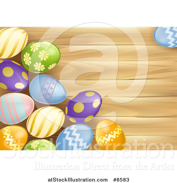 Vector Illustration of a 3d Colorful Patterned Easter Eggs over Wood with Text Space