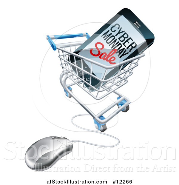 Vector Illustration of a 3d Computer Mouse and Smart Phone with Cyber Monday Sale Text on the Screen in a Shopping Cart