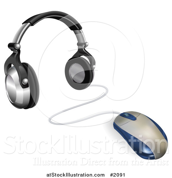 Vector Illustration of a 3d Computer Mouse Connected to Headphones