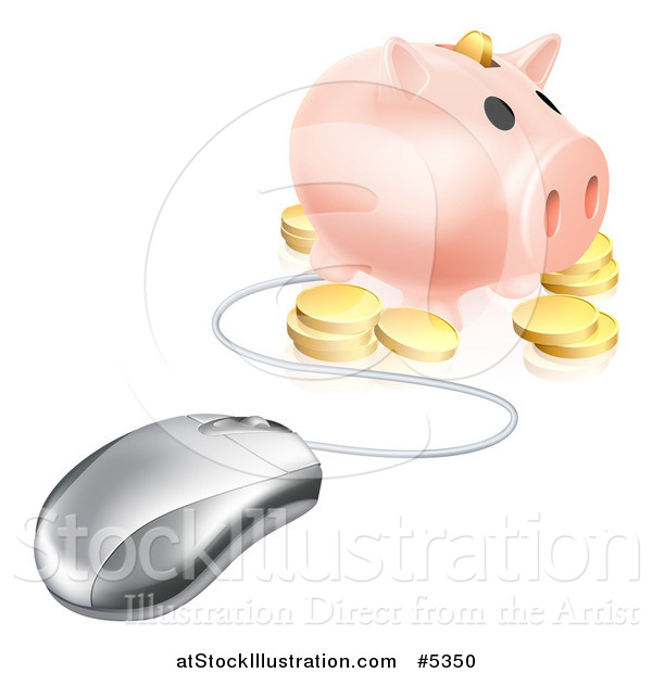 Vector Illustration of a 3d Computer Mouse Wired to a Piggy Bank with Coins