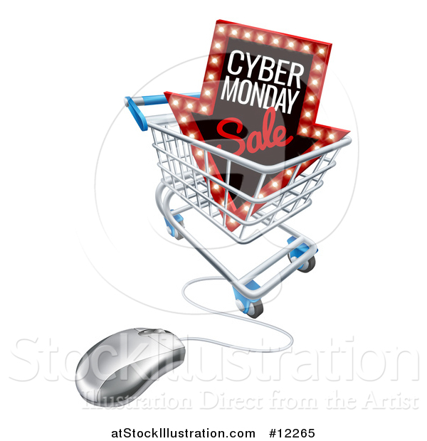 Vector Illustration of a 3d Computer Mouse with a Marquee Arrow Sign with Cyber Monday Sale Text in a Shopping Cart