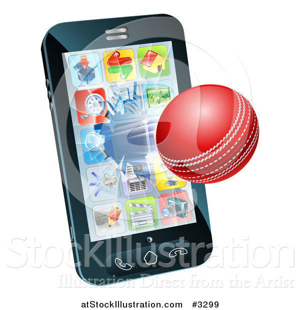 Vector Illustration of a 3d Cricket Ball Flying Through and Breaking a Cell Phone Screen