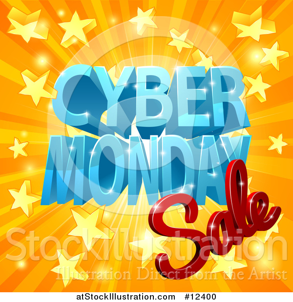 Vector Illustration of a 3d Cyber Monday Sale Design in Blue and Red over a Star Burst