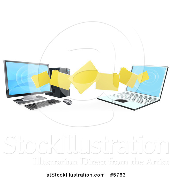 Vector Illustration of a 3d Desktop and Laptop Computer Transfering Files for Backups