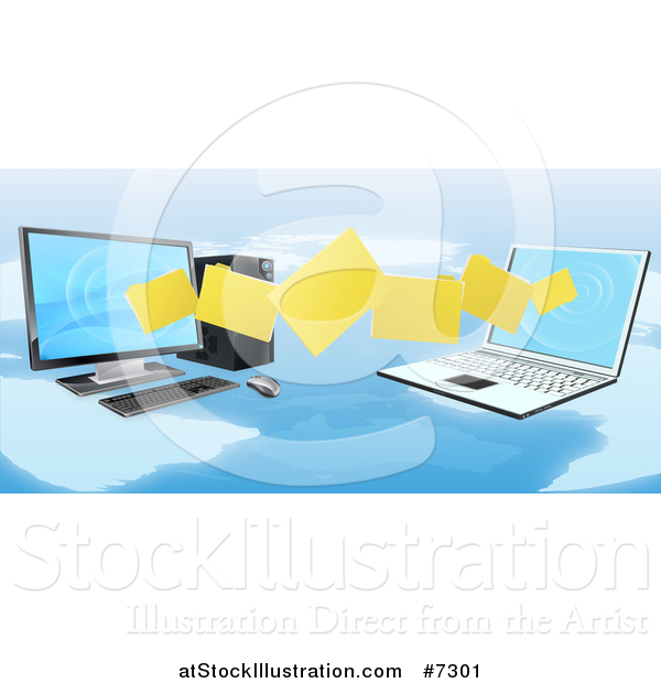 Vector Illustration of a 3d Desktop and Laptop Computer Transfering Files for Backups over a Map