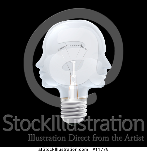 Vector Illustration of a 3d Double Profiled Faces Light Bulb on Black