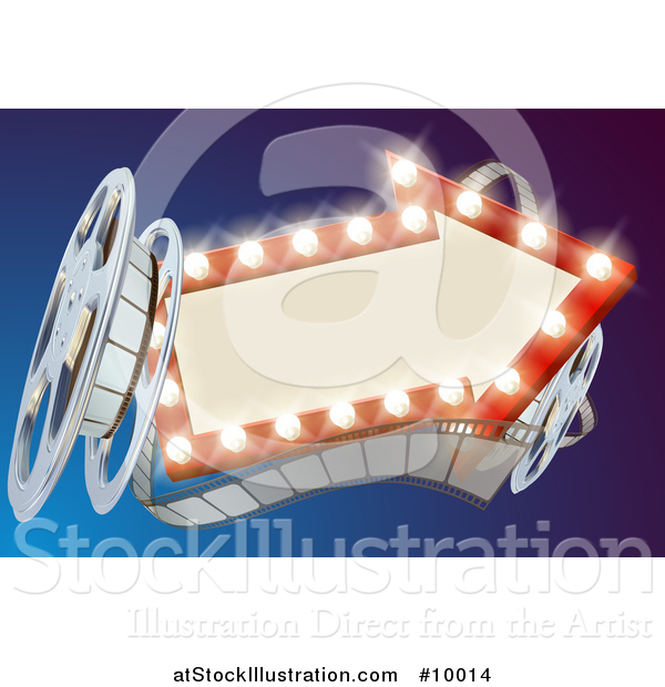 Vector Illustration of a 3d Film Reel and an Illuminated Arrow Sign over Blue