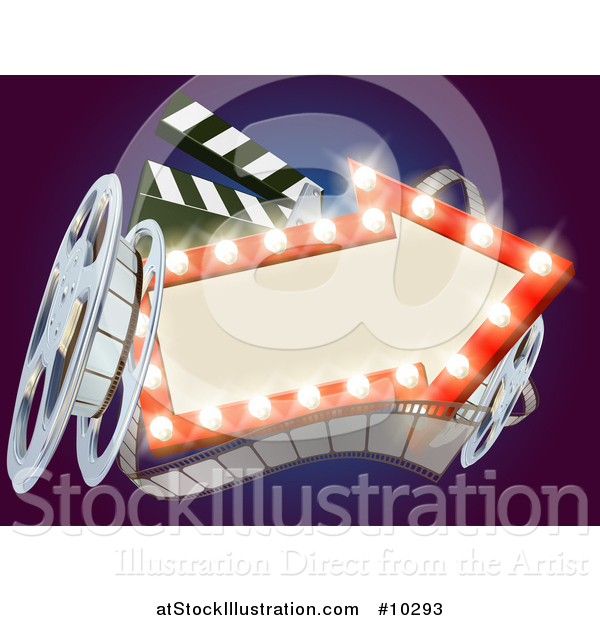 Vector Illustration of a 3d Film Reel, Clapperboard and an Illuminated Arrow Sign over Blue