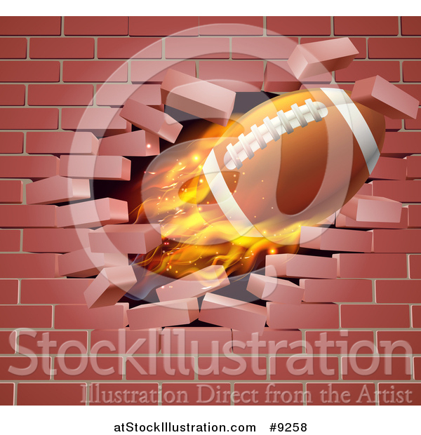 Vector Illustration of a 3d Flying and Blazing American Football with a Trail of Flames, Breaking Through a Brick Wall