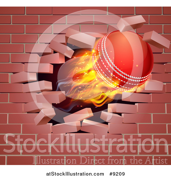 Vector Illustration of a 3d Flying and Blazing Cricket Ball Breaking Through a Brick Wall