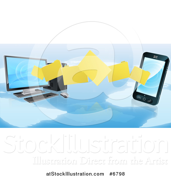 Vector Illustration of a 3d Folder File Transfer from a Desktop Computer to a Smart Cell Phone over a Map