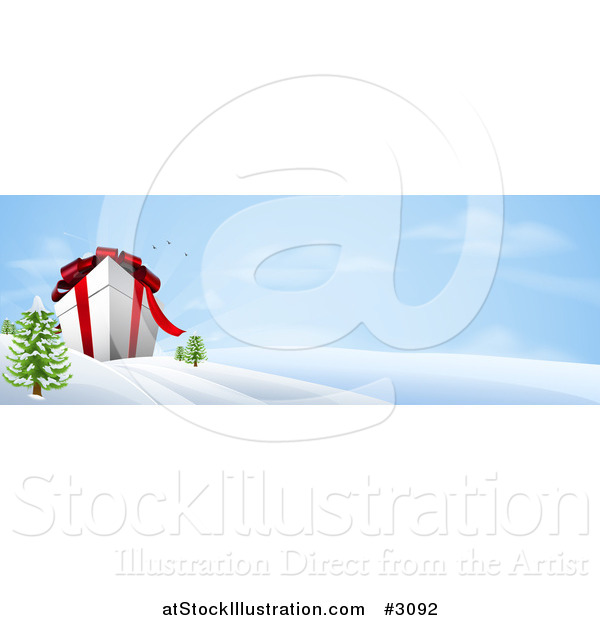 Vector Illustration of a 3d Giant Christmas Gift Box in a Snowy Landscape