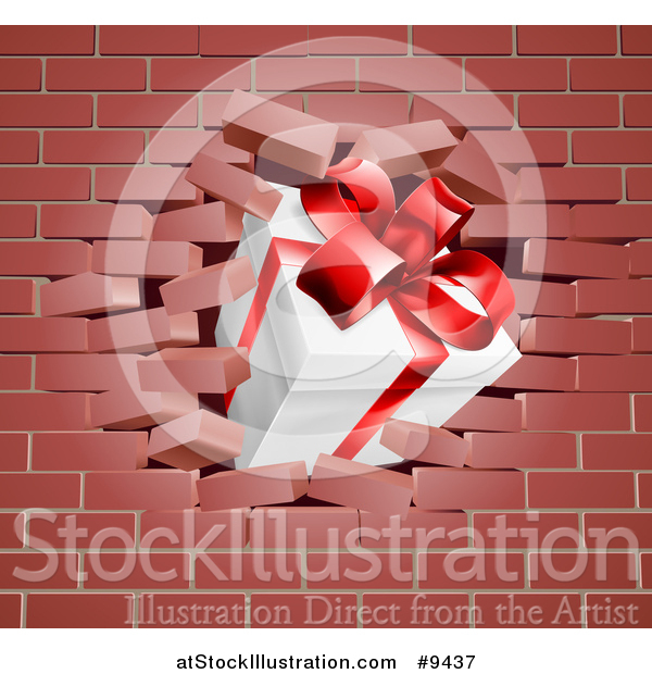 Vector Illustration of a 3d Gift Box Breaking Through a Brick Wall