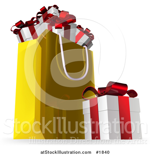 Vector Illustration of a 3d Gift Box by a Golden Shopping Bag Full of Presents