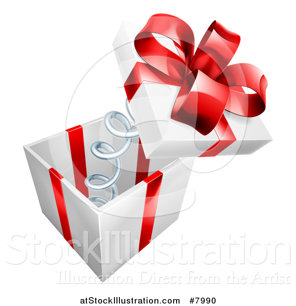 Vector Illustration of a 3d Gift Box with a Red Bow and the Lid Popping off on a Spring