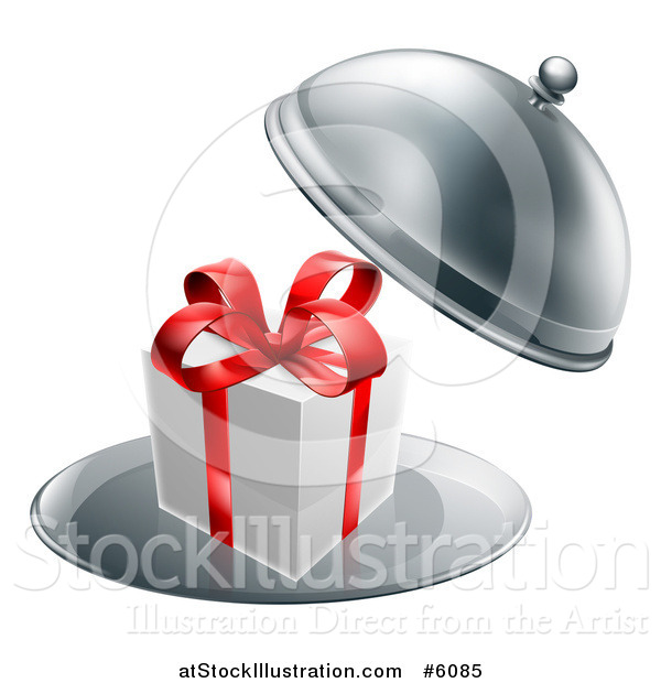 Vector Illustration of a 3d Gift Box with a Red Bow in a Cloche Platter