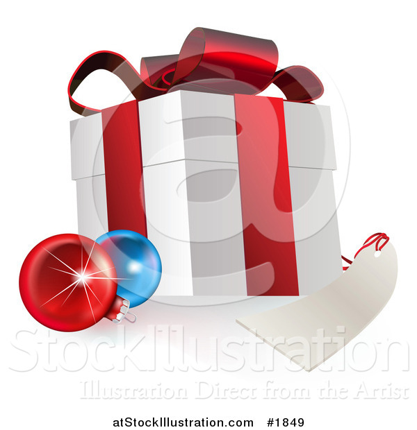 Vector Illustration of a 3d Gift Box with Ornaments and a Blank Tag