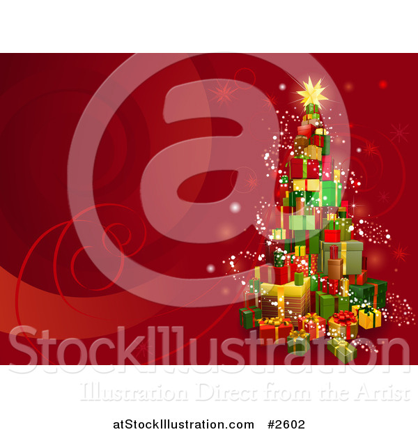 Vector Illustration of a 3d Gift Tower Christmas Tree on Red with Swirls