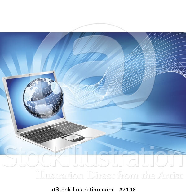 Vector Illustration of a 3d Globe and Waves over a Laptop