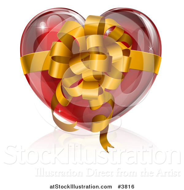 Vector Illustration of a 3d Glossy Red Heart with a Gold Bow and Ribbon